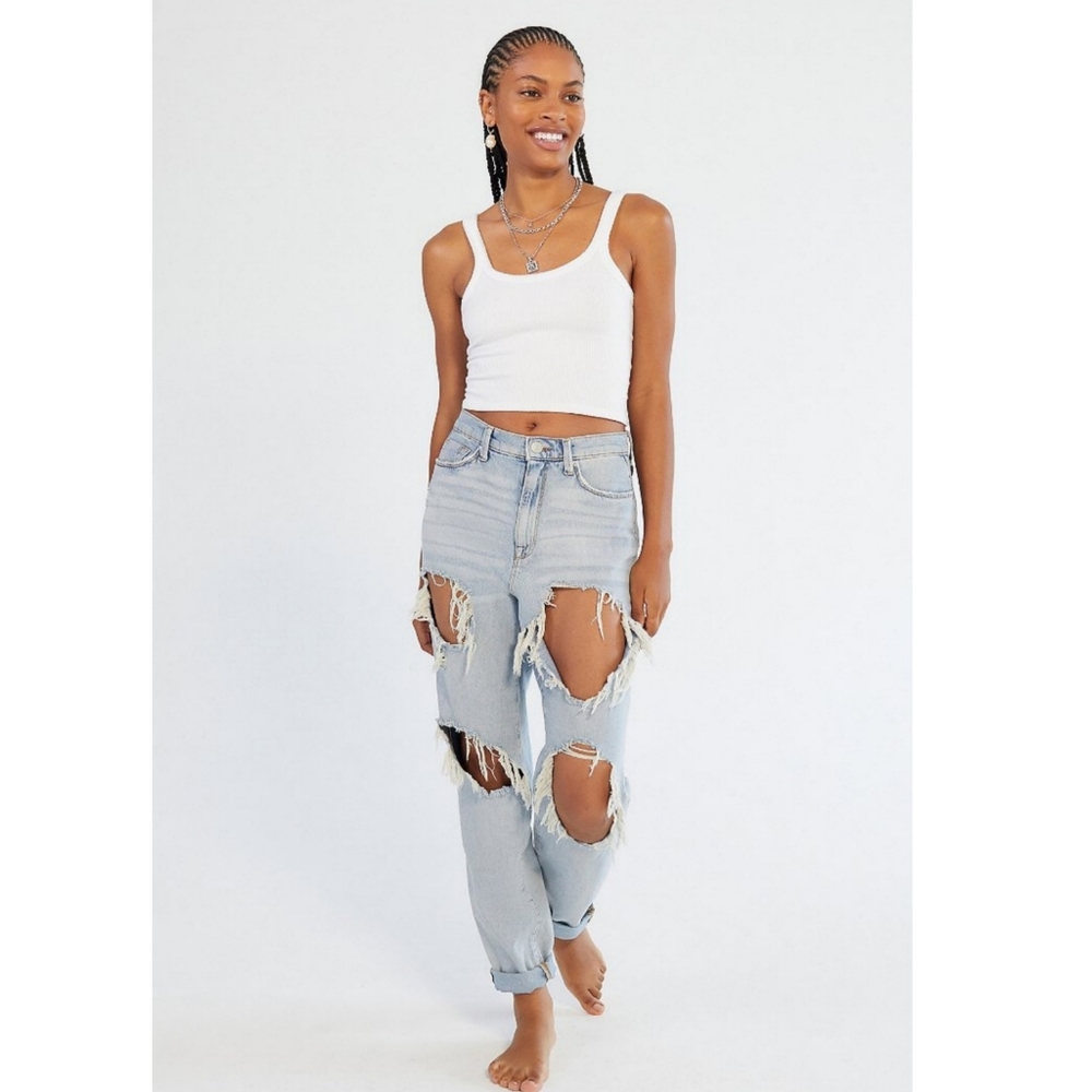 BDG High-Waisted Distressed Light Wash Mom Jean UO
